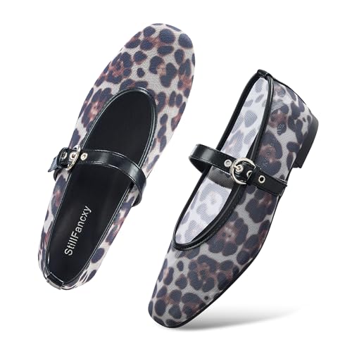 Image of Leopard Flats for Women Mesh Ballet Flats Mary Jane Animal Print Shoes Slip On Casual Breathable Ballerina Flats