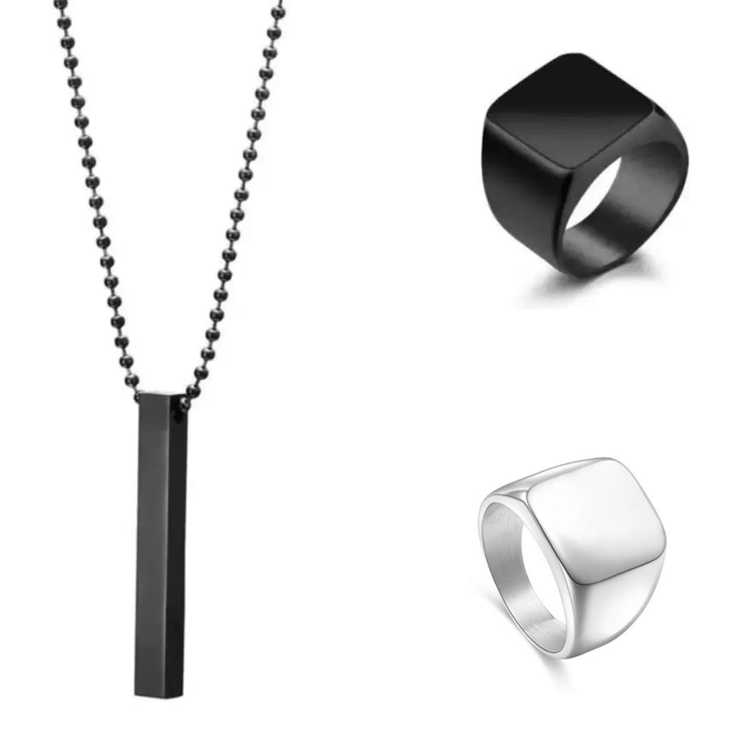 bellina Black Tone Cuboid Bar Neck Pendant With Stylish Finger Ring Set For Boys And Men (Pack Of 3)-picture-0