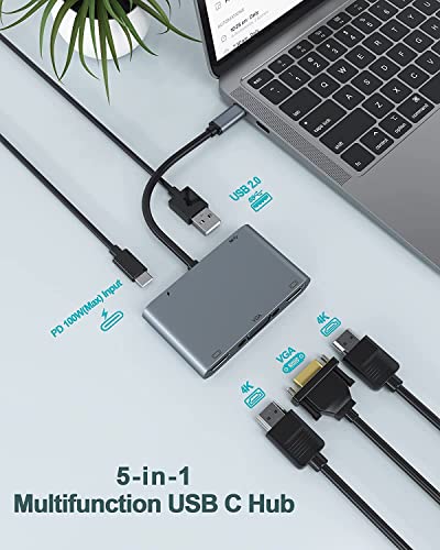 Image of Etzin USB C Hub Multiport Adapter 5 in 1, USB C Dongle to 2 4K HDMI, VGA, USB C with 100W PD and USB A Docking Station Compatible with Mac-Book Pro /Air Surface and USB C Laptop Tablet PC,etc.