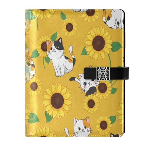 DIGTIA Cats Sunflowers Yellow PU Leather Notebook A5 Binder 6 Ring Refillable Journal with Magnetic Buckle Closure Loose Leaf Travel Office Planner Budget Binder Notepad Portfolio, Cute Kawaii
