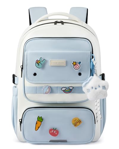 LOVEVOOK School Backpack for Teen Girl Cute Bookbag with Large Bottle Holder Lightweight Elementary Middle High School Student Backpack Fits 15.6 Inch Laptop Back to Schools Kid Gift Blue-Cream