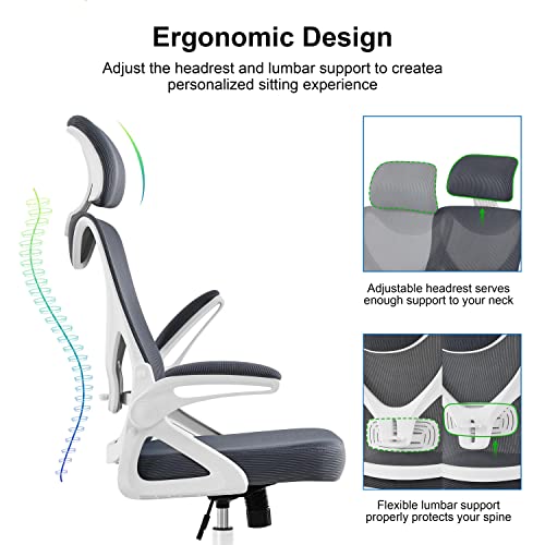 Image of Yaheetech Ergonomic Office Chair with Headrest, Lumbar Support, White /Gray | Breathable mesh high-back adjustable headrest, padded seat, and flip-up armrests supports your back and neck, holds 300lb