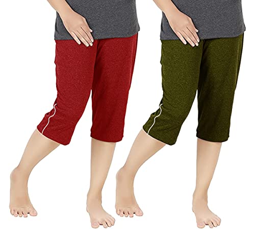 Image of Women's Regular Fit Cotton Three by Fourth, 3 /4, Woman Capri, Capris, Three Quarter for Women, Shorts, Three Quarte Pack of 2 with Right Side Zip Pocket