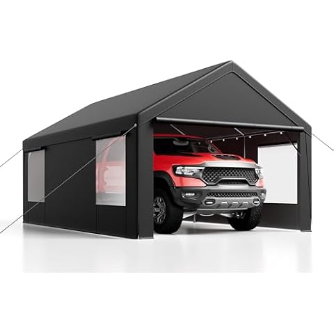 Luckyberry 10'x 20' Heavy Duty Carport Portable Tent,Waterproof，UV-Protection Carport Garage with Removable Sidewalls & Doors for Quick-Setup Carport Car, Truck, Boat with All-Season Tarp, Grey Cover