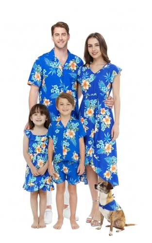 Image of Matchable Family Hawaiian Luau Men Women Girl Boy Clothes in Hibiscus Blue