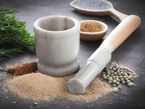 Image of SAUDEEP INDIA White Marble Granite Imam Dasta Mortar Pestle Set | 10x10 cm Ohkli Musal Khalbatta Kharal for Kitchen | Heavy Duty Hand Grinder for Spices Herbs Masala Crushing Grinding Decor