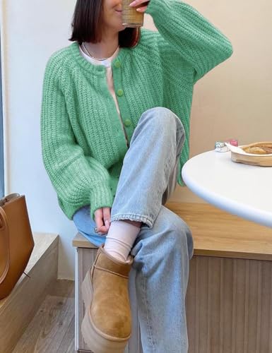 Image of Women's Casual Puff Long Sleeve Crew Neck Cardigan Button Down Open Front Knit Loose Sweater Outwear