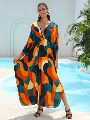 Image of IMAGEKOPE Women's Plus Size Animal Print V-Neck Batwing Kaftan Beach Dress Bathing Suit Cover-Up Loungewear