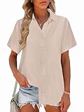 Zeagoo Button Down Shirts for Women Cotton Linen Work Tops Short Sleeve Summer Outfits Dressy Casual Blouses Light Khaki