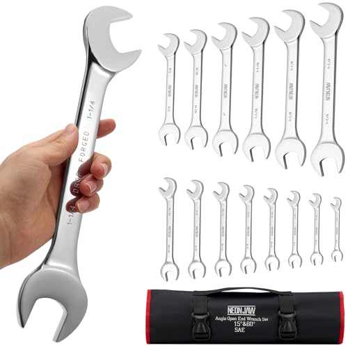 NEONJAW 14-Piece Angle Head Open End Wrench Set with Roll-up Pouch SAE 3/8 7/16 1/2 9/16 5/8 11/16 3/4 13/16 7/8 15/16 1 1-1/16 1-1/8 1-1/4 Perfect for Repair