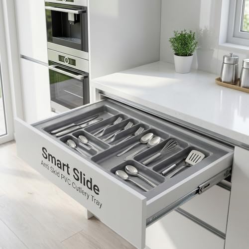 Image of SmartSlide 900 MM PVC Cutlery Tray For Kitchen Drawer Modular Kitchen Tandem Drawer Organizer Adjustable Width & Depth Grey Non-Slip Surface (900 x 535 MM)