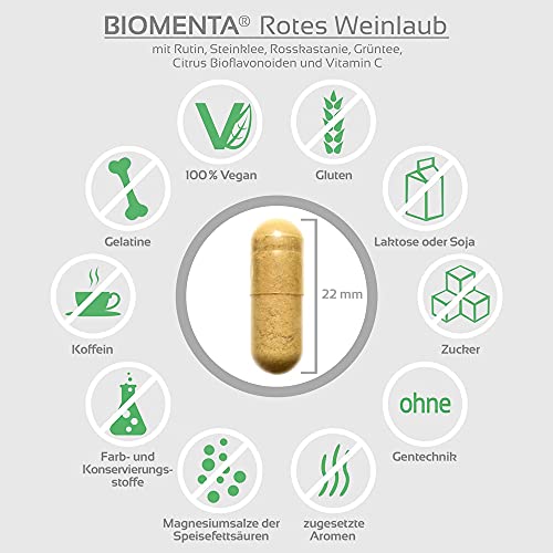 BIOMENTA Rotes Weinlaub – mit Rutin + Steinklee + Rosskastanie + Grüntee + Citrus Bioflavonoide + Vitamin C – vegan… - Image 4