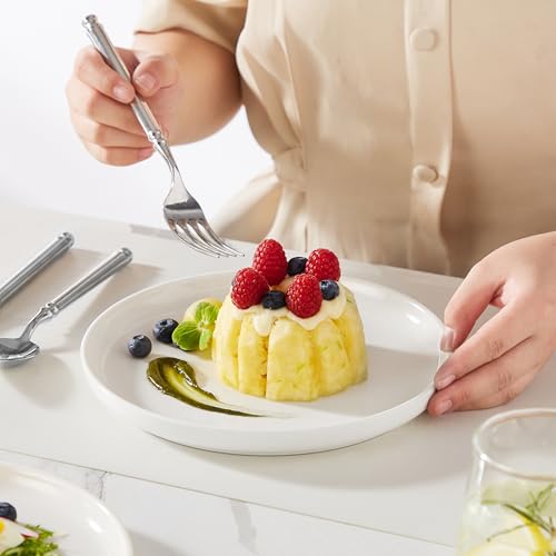 MALACASA LUNA Dessertteller Set für 6 Personen, Ø 21 cm Frühstücksteller aus weißem Porzellan, Servierteller mit erhöhtem Rand für Kuchen, Salat und Vorspeisen 6