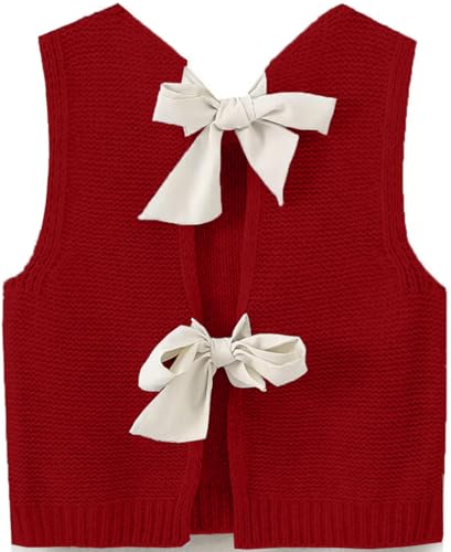 Image of Y2k Bow Tie Back Sweater Vest Top for Women Sleeveless Crochet Short Sweater Casual Crop Knit Cardigan Vest Knitted Tank Tops Red