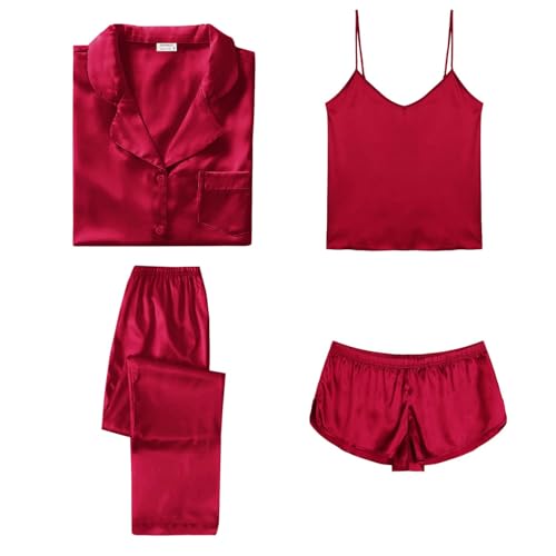 Image of SWOMOG Womens Silk Satin Pajamas Sets 4pcs Sleepwear Sexy Cami Shorts Set and Button Down Short Sleeve Pjs Loungewear