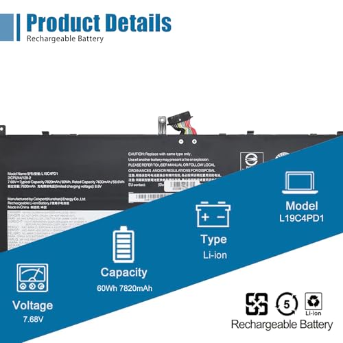 Image of L19C4PD1 Laptop Battery Replacement for Lenovo ideapad Yoga 6-13ARE05 6-13ALC6 Yoga C640-13IML LTE Series L19D4PD1 5B10W67385 5B10U65274 5B10W67329 5B10U65275 7.68 V 60 Wh 7820 mAh