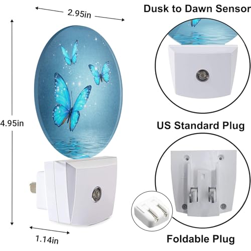 Image of Butterflies Over Lake Nightlight Blue Magical Butterfly Morphy Wings Shine Stars Plug-in Night Light LED Auto on /Off for Women Girls Bedroom Bathroom Wall Light