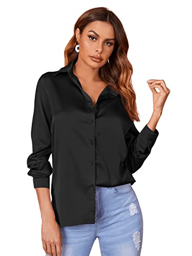 SheIn Blusas de satén para mujer, camisa básica, cuello reversible, elegante OL, manga larga, camisa formal, túnica con botones, Negro , M Cover