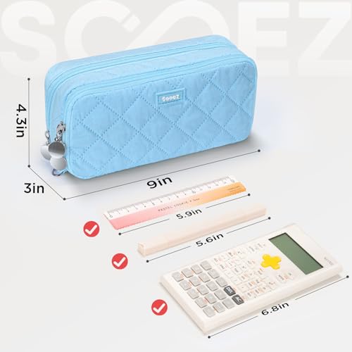 Image of Sooez Large Pencil Case Pouch, Extra Big Pencil Bag with 8 Compartments, Pen Bag Wide Opening, Soft Quilted Pencil Pouch Organizer with Zipper, Portable Pencil Case for Teen Girls, Dark Blue