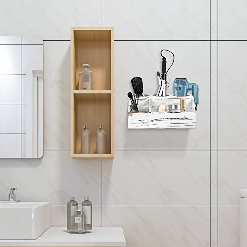 Rustic Wood Hair Dryer Holder, Hair Styling Care Tool Organizer, Bathroom Supplies Countertop Storage Stand and Vanity Caddy for Blow Dryer Flat Iron Curling Wand Hair Straightener Brushes (White)