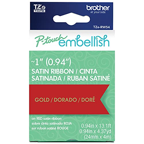 Image of Brother P-Touch Embellish Gold Print on Red Satin Ribbon TZE-RW54 - ~1 inch inch Wide x 13.1' Long (24mm x 4m /4.37 yds) (TZEW54)