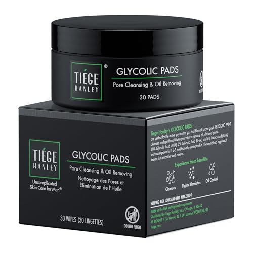 Tiege Hanley Glycolic Acid Pads for Men, 1-Pack – Exfoliating Face Cleansing Pads for Forehead, Nose & Cheeks – Men’s Daily Skin Care Facial Wipes.18.5% Acid Complex (Glycolic, Salicylic & Lactic)