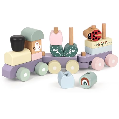 Image of Pillowhale Wooden Stacking Train Toy Set,Wooden Building Blocks Train with Shape Sorter Early Learning Gift for Toddlers Boys Girls 12 Months and up