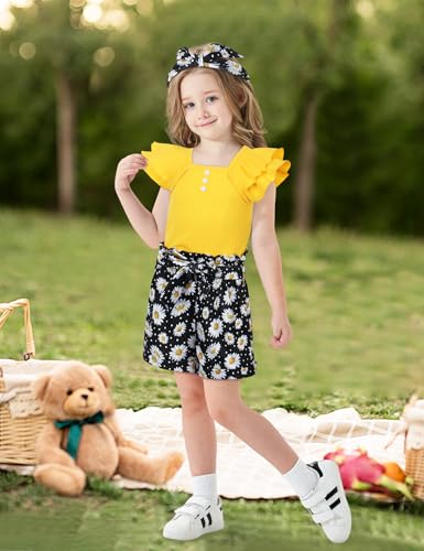 Image of Gaupafmb Toddler Girls Clothes Ruffle Short Sleeve Tops and Shorts Set with Headband 3PCs Outfits