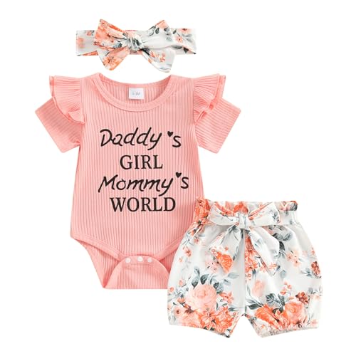 Image of Newborn Baby Girl Auntie Outfits Auntie's Bestie Short Sleeve Ribbed Romper Floral Shorts Clothes with Headband