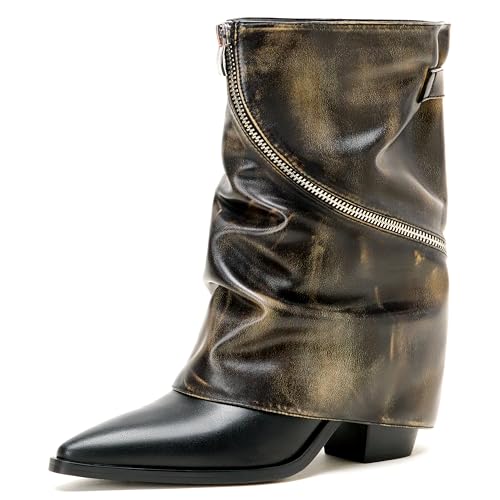 Women's Slouchy Fold Over Boots Mid Calf Cowboy Boots Pointed Toe Chunky Heel Pull On Stacked Boots