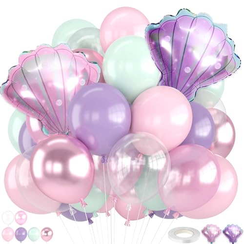 Mermaid Balloons 12 Inch Pastel Pink Purple Teal Blue Clear with Seashell Balloon for Girl Sea Theme Baby Shower Birthday Party Decorations