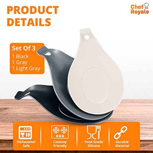 Chef Royale Silicone Spoon Rest (Set Of 3) Black, Gray & Light Gray | Heat Resistant & Bpa-Free Kitchen Utensil Holder | Clean Spoon Holder For Stove Top | Cooking Spoon Holder For Kitchen Counter #TOP2