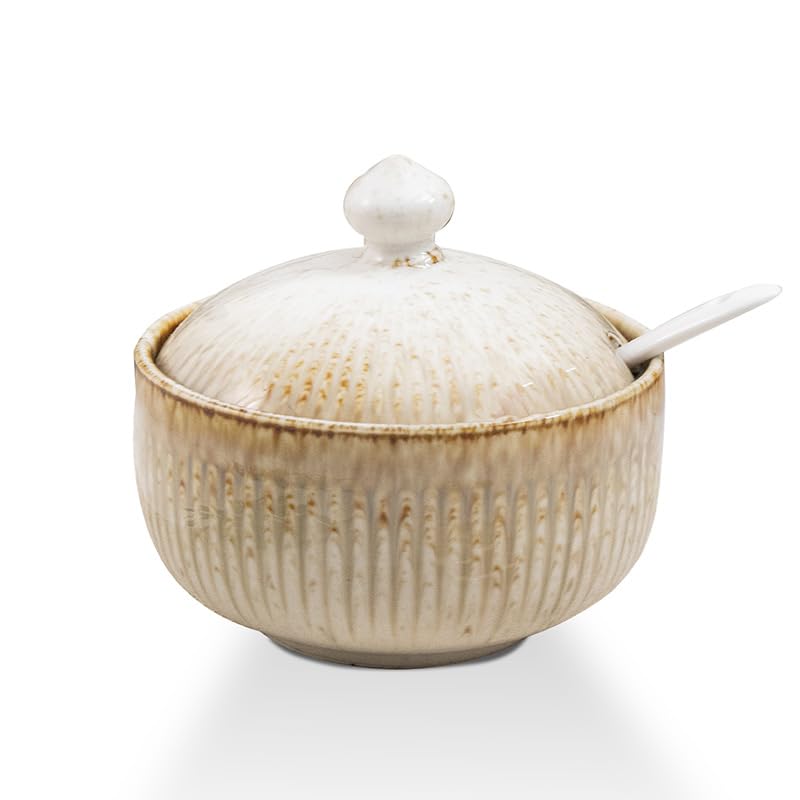 JoyfulHive Ceramic Sugar Bowl with Lid and Spoon 14.5 OZ Sugar Container for Coffee Bar Sugar Bowls for Countertop Kitchen(Sandy Beige)