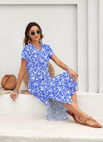 Image of MISFAY Womens Maxi Dress Short Sleeve V Neck Loose with Pockets | Soft stretchy breathable, v neck loose fit, side split hem, two side pockets, casual daily beach vacation travel dress