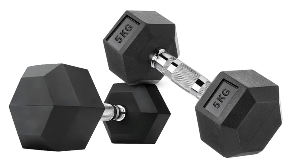 Image of Hex Dumbbells, Pair of 2, Rubber Coated Cast Iron, Steel Handle with Textured Grip, Strength Training (HEX DUMBBELLS 5 KG PAIR)