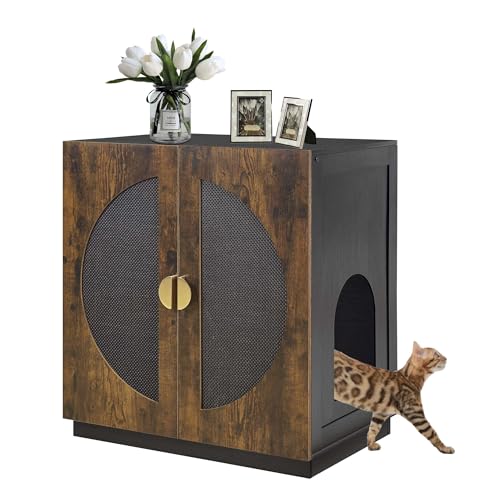 unipaws Tall Cat Litter Box Enclosure with Shelves, Hidden Litter Box Cover for Tall or Top Entry Litter Box, Kitty Enclosed Litter Box Cabinet, Cat Box Furniture, Rustic