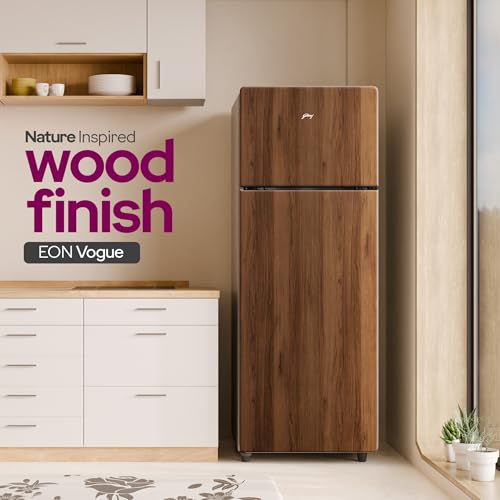 Image of Godrej 244 L 2 Star Wood Finish, 30 Days Farm Freshness, Frost Free Inverter Double Door Refrigerator (RT EONVOGUE 280B RI WT WD, Walnut Wood)