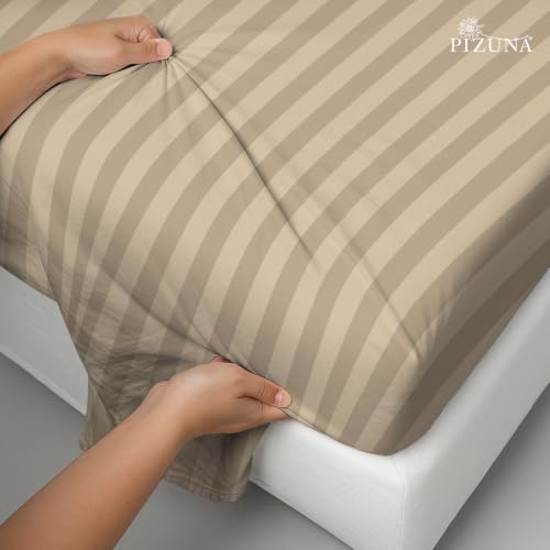 Image of Pizuna 100% Cotton Bedsheet Super King Size with 2 Pillow Covers, 300 Thread Count Long Staple Cotton, Stripes Pattern Flat Bed Sheet 108X108 Inch for Superking Bed, Taupe