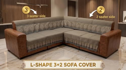 Image of KINGLY L-Shape Sofa Cover 5 Seater 3+2 Velvet Full Cover - Italian Mousse | Fully covered quilted velvet slipcover, washable anti-slip furniture protector, L-type corner sofa cover for living room