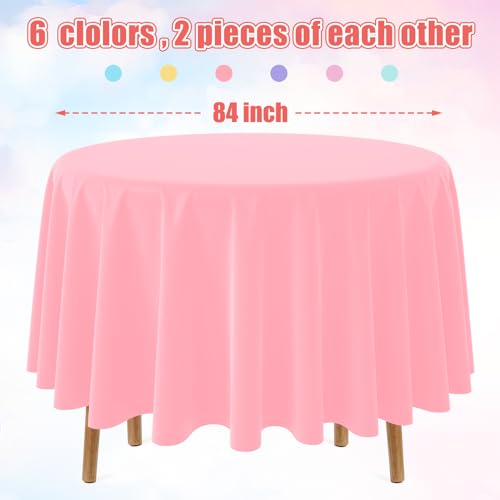 Image of MASHAN 12Pack 84 Inch Round Pastel Color Tablecloths,Plastic Pastel Rainbow Tablecloth Disposable Round Table Covers for Baby Shower, Easter,Wedding, Birthday and Ice Cream Party Decoration,6Color