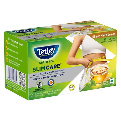 Image of Tetley Green Tea Slim Care, With Added L-Carnitine, Helps Burn Body Fat, Boosts Energy, Low Calories, Delicious Natural Ginger, Mint and Lemon Flavours, Makes 25 cups