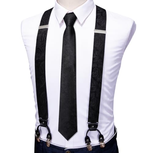 Image of Barry.Wang Men Suspender Set with Necktie Elastic Y Type Heavy Duty 6 Clips Braces Tie Handkerchief Cufflink Pin 6PCS