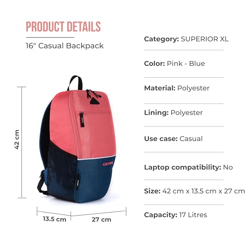Gear SUPERIOR XL 17L Water Resistant School Bag/Daypack/Casual Backpack/College Bag for Men/Women (Pink-Blue)