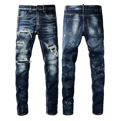 Mens Ripped Jeans Skinny Patchwork Distressed Biker Pants Denim Trousers Graffiti Painted Stretchy Jean