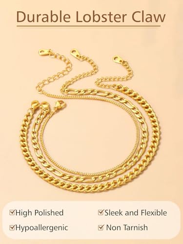 Image of FindChic Black /Silver /Gold Plated Anklets Set of 2PCS /3PCS Herringbone Chain Cuban Link Heart Charm Sparkling Tennis Ankle Bracelets, Waterproof Summer Foot Jewelry for Beach