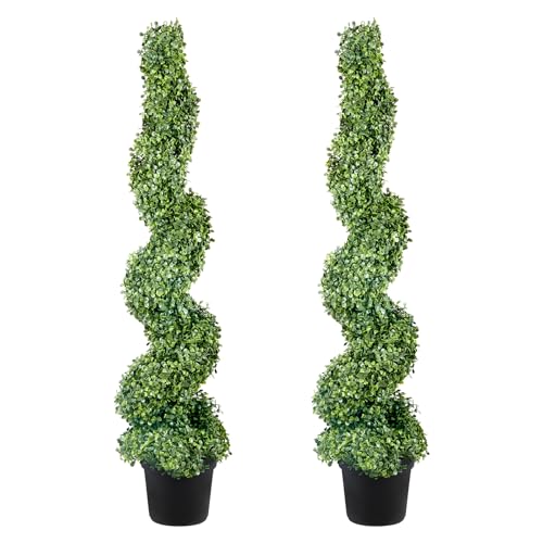 VEVOR Artificial Boxwood Spiral Topiary Trees, 4ft Tall (2 Pieces) Faux Plant Outdoor, All-Year Green Fake Plant with Replaceable Leaves for Decorative/Indoor/Porch/Garden