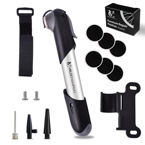 VeloChampion Mini Bike Pump with Frame Mount | Portable Compact Alloy Bicycle Pump with Frame Mount | Presta, Schrader & Dunlop Valves | for Road, Mountain, E-Bike (Alloy 7 Pump + Patches 6pk)