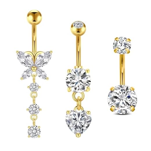 FECTAS 3pcs Bauchnabelpiercing Gold 10mm Chirurgenstahl Bauchpiercing Piercing Bauchnabel Schmuck Herz Schmetterling