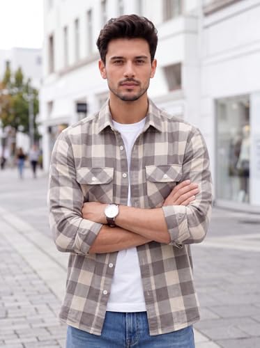 Image of Amazon Brand - INKAST Men's Cotton Blend Button Down Shirt || Long Sleeve Casual Flannel Check Shirt || Soft Breathable Lightweight Collared Shirts with Two Flap Chest Pockets || Stylish Everyday Wear
