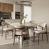 COLAMY Mid-Century Modern Wooden Dining Chair Set of 4, Indoor Upholstered Kitchen Chairs with 2.6' Cozy Padded Seat, Walnut Finish Side Dining Chair for Dining Room & Kitchen, Beige